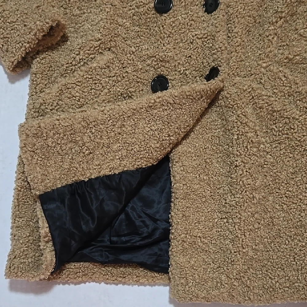 Zara Women's Tan Double-Breasted Teddy Coat Size M-L - Picture 8 of 13